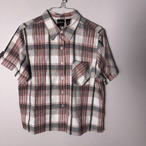 EUC Erika Petite Womens Plaid Shirt Large White Red Black Short Sleeve
